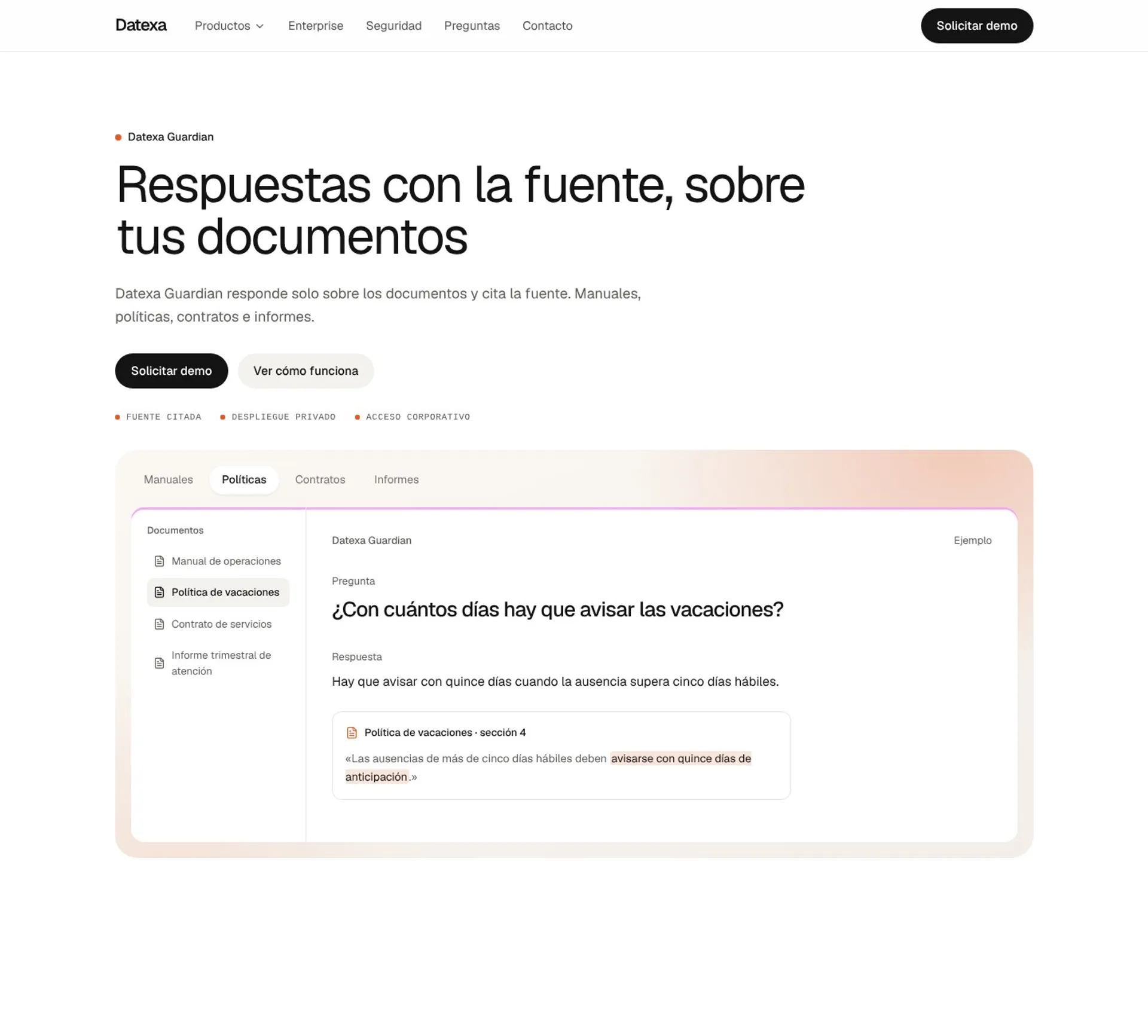 Página de Datexa Guardian: respuestas con la fuente citada