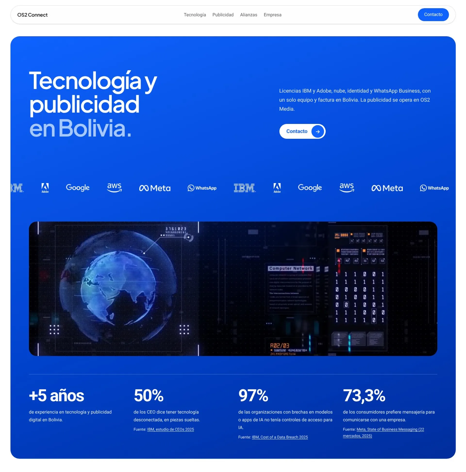 Portada del sitio de OS2 Connect con alianzas y cifras