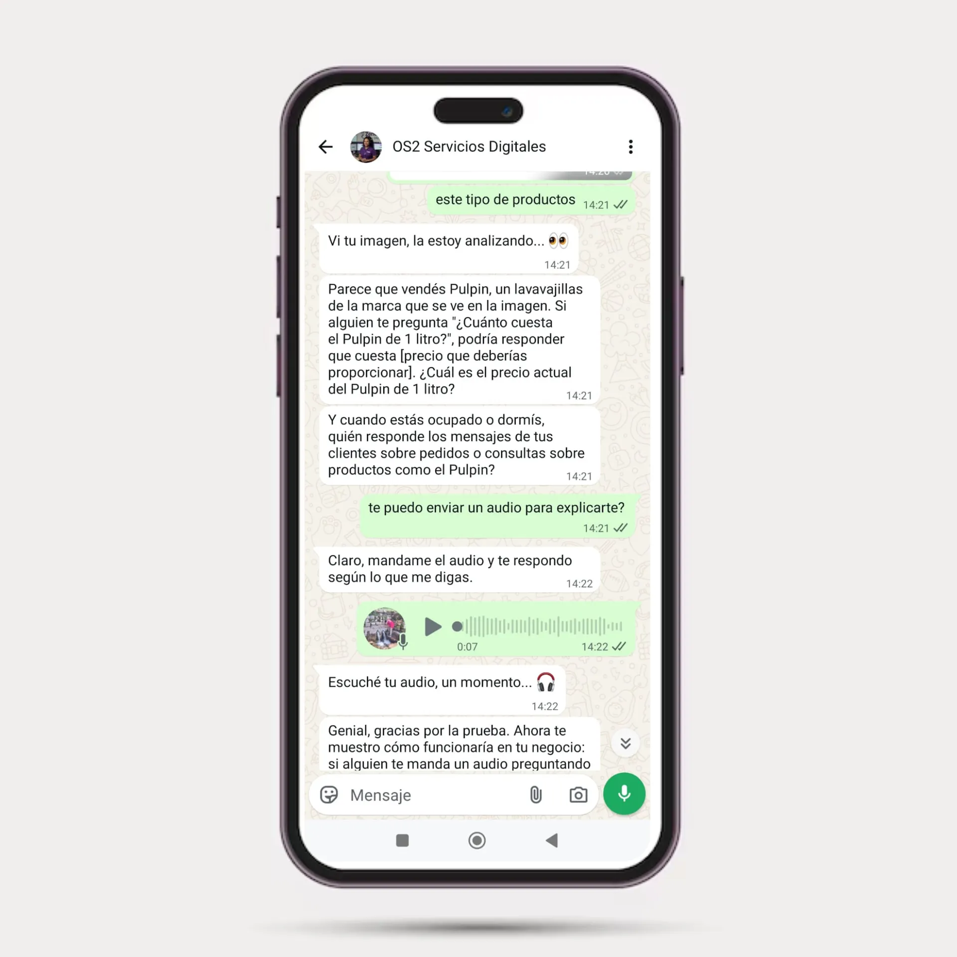 Conversación de WhatsApp atendida por el agente (versión beta)