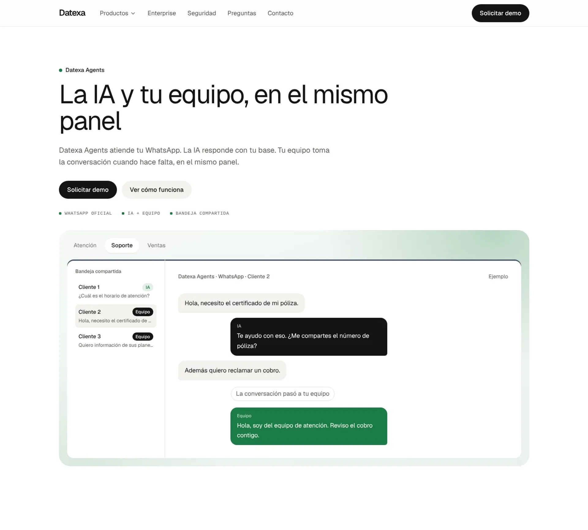 Página de Datexa Agents: la IA y el equipo en el mismo panel